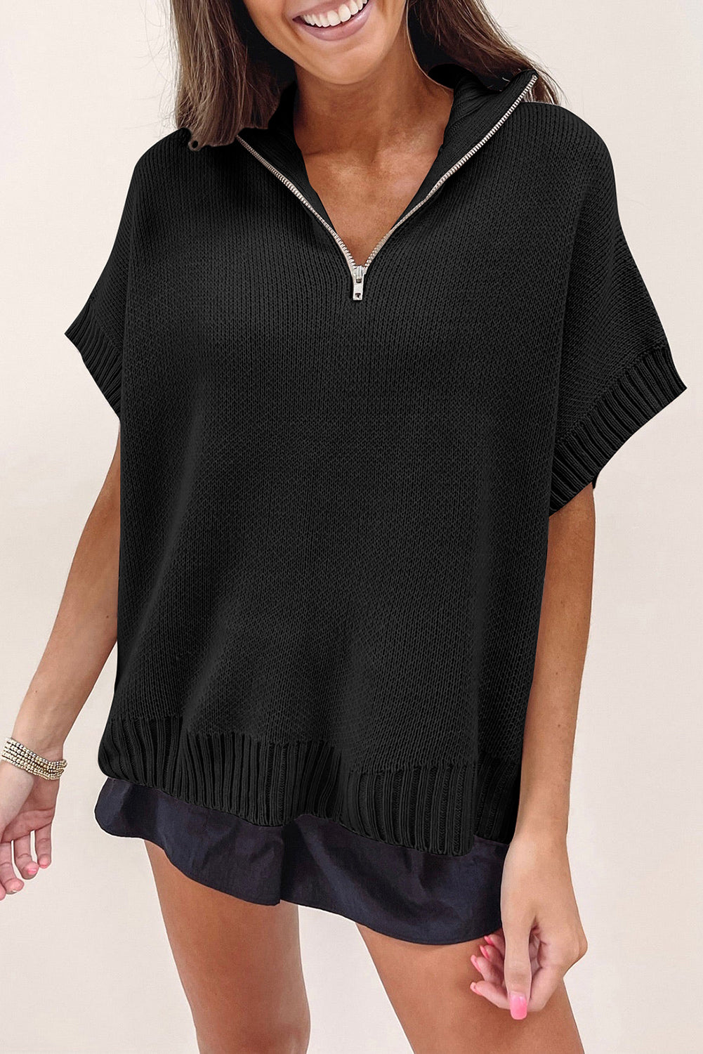 Quarter Zip Short Batwing Sleeve Sweater