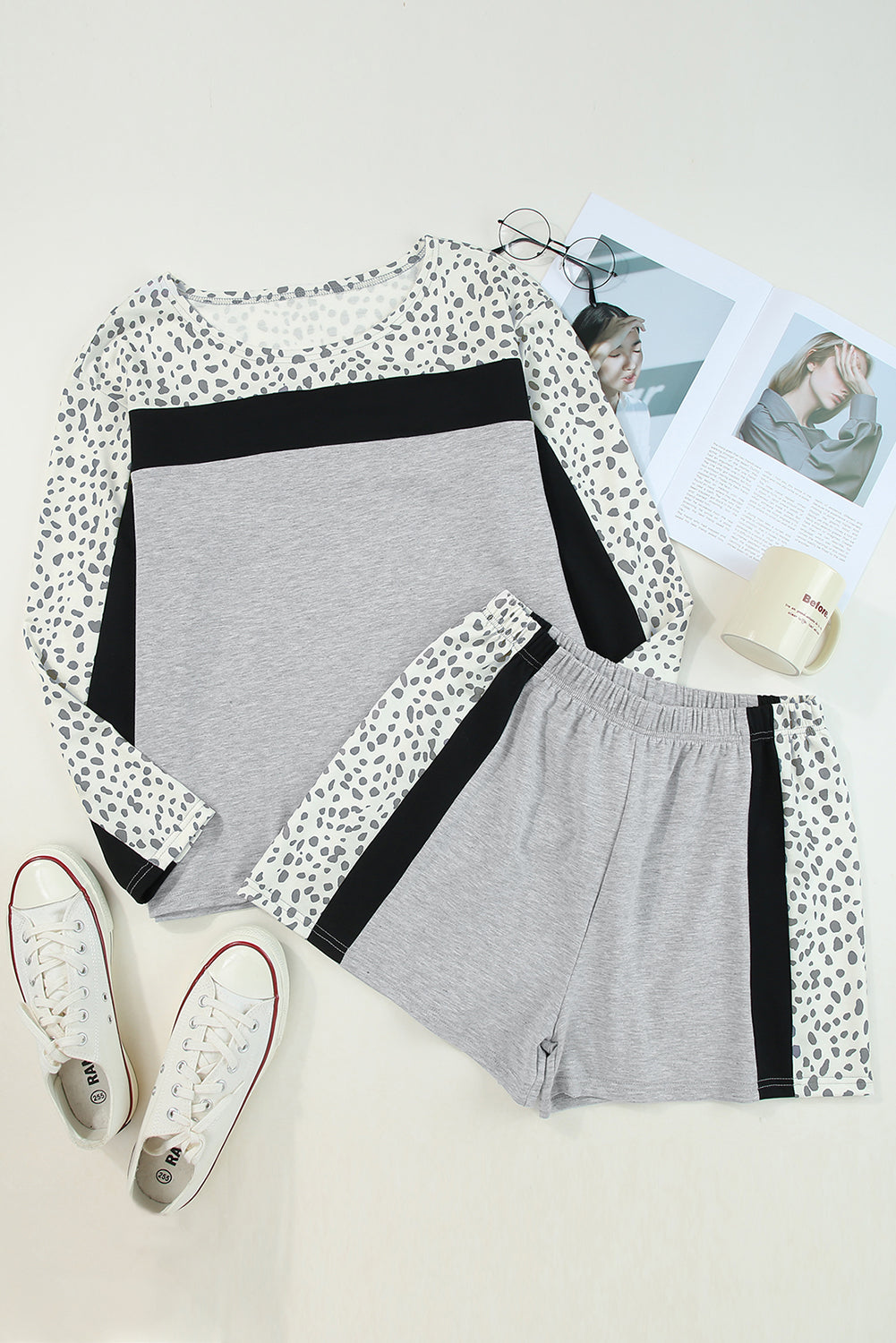 Leopard Colorblock Patchwork Pullover and Shorts Set