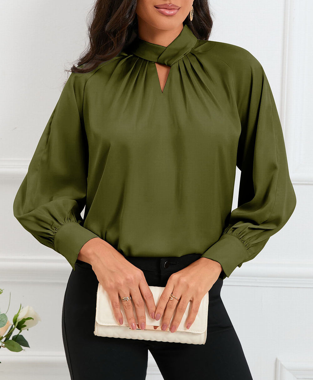 Keyhole Pleated Mock Neck Bishop Sleeve Blouse