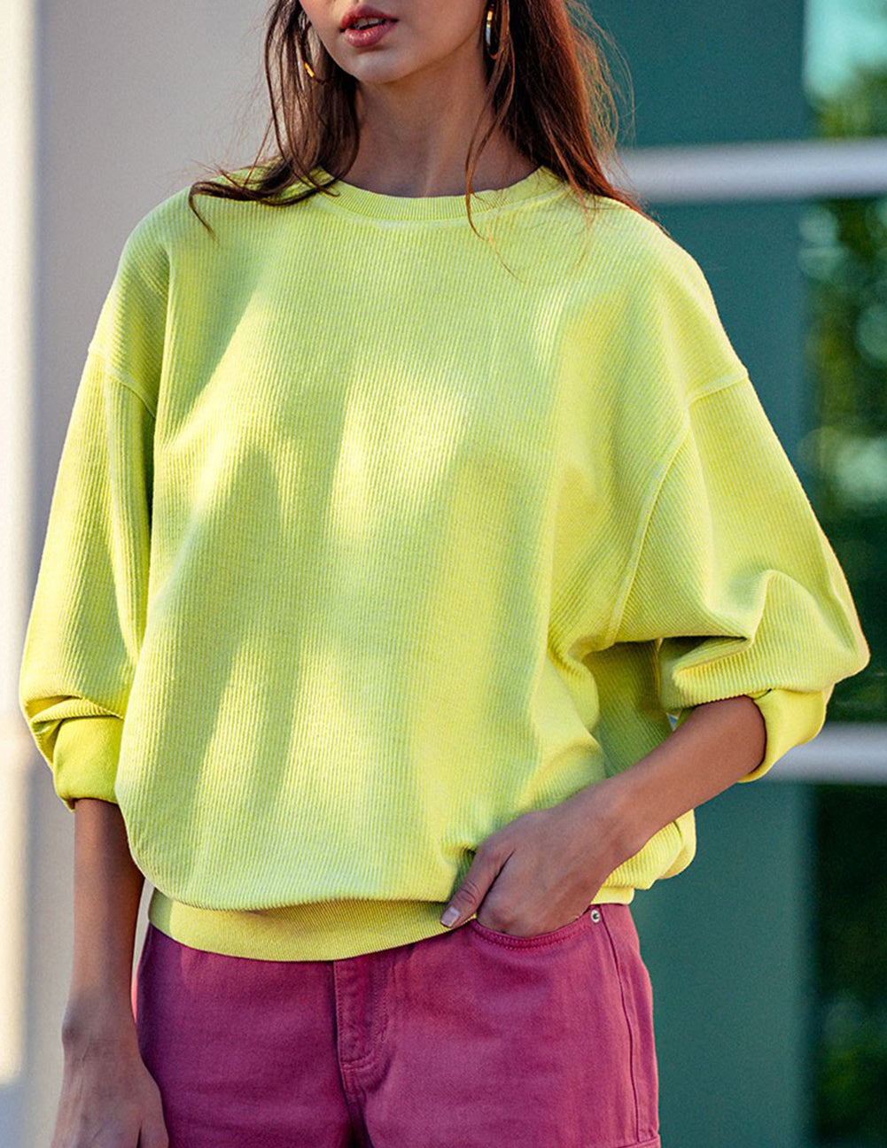 Loose Drop Shoulder Ribbed Sweatshirt