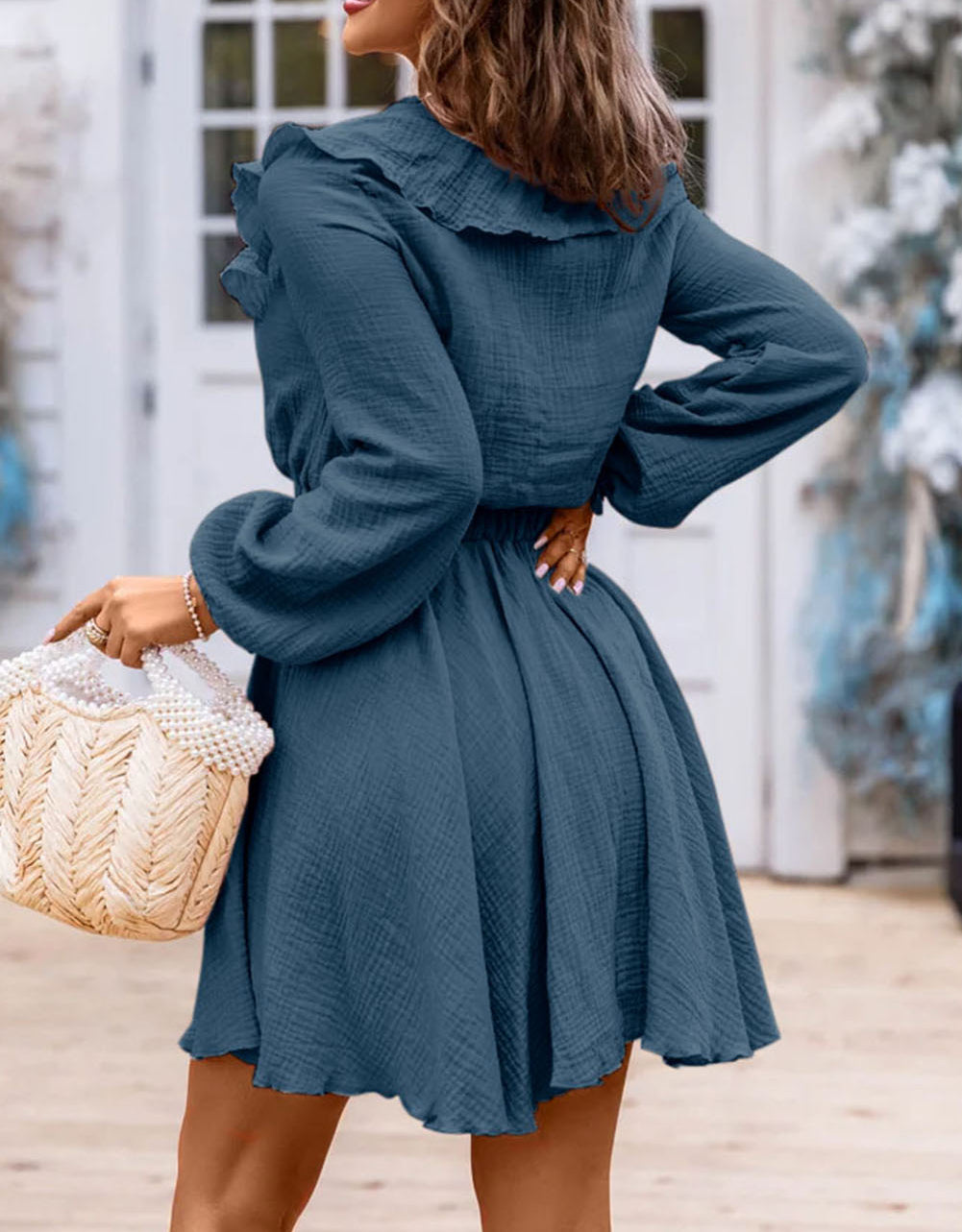 Textured Ruffled V Neck High Waist Mini Dress