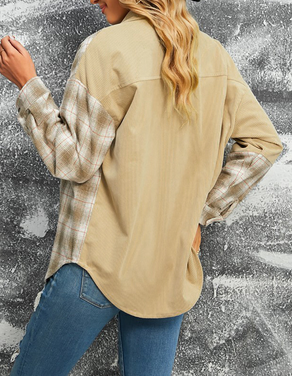 Plaid Color Block Button-up Oversize Corduroy Shirt