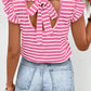 Stripe Butterfly Sleeve V Neck Hollowed Knot Back T Shirt