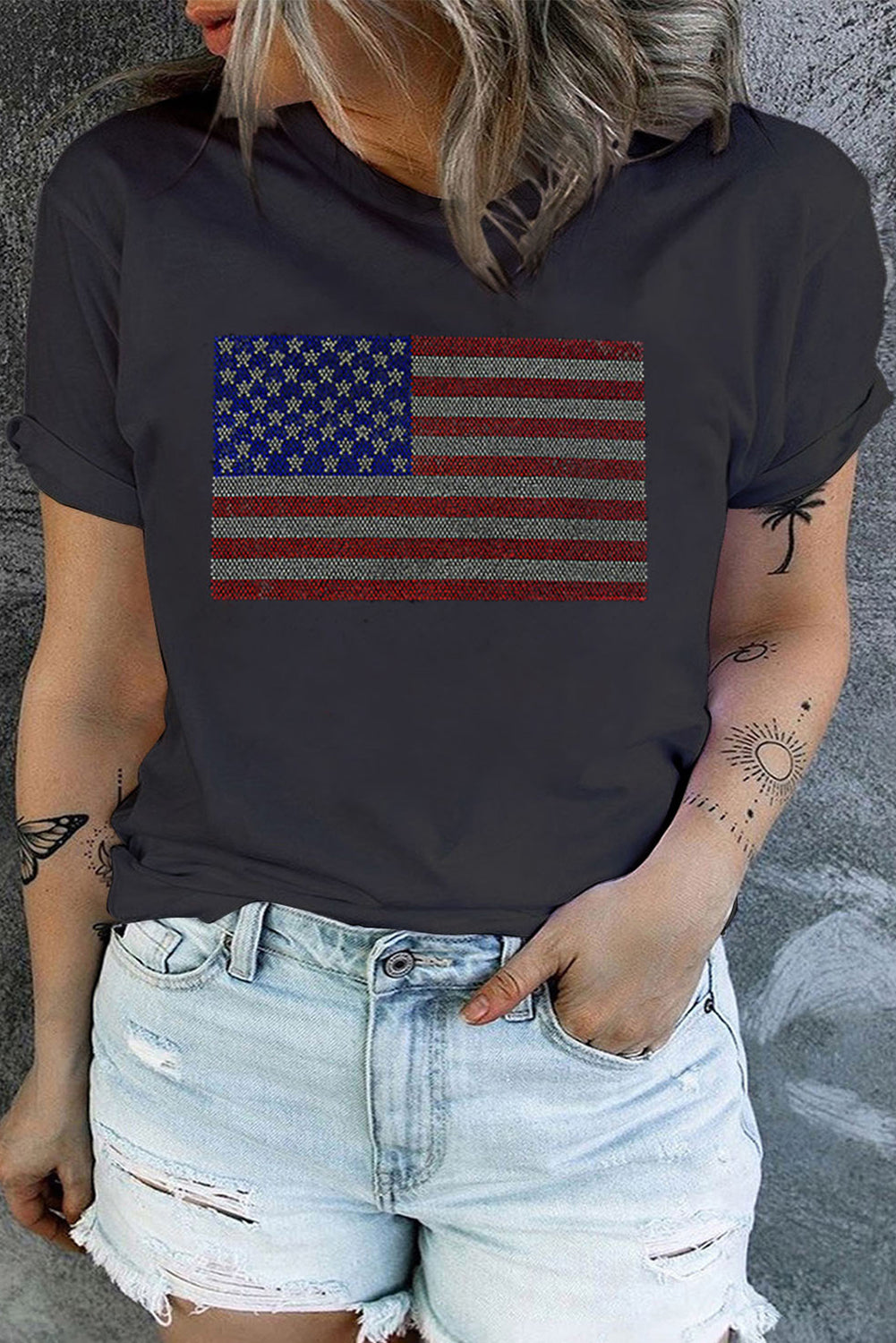 Rhinestone American Flag Plus Size Graphic T Shirt