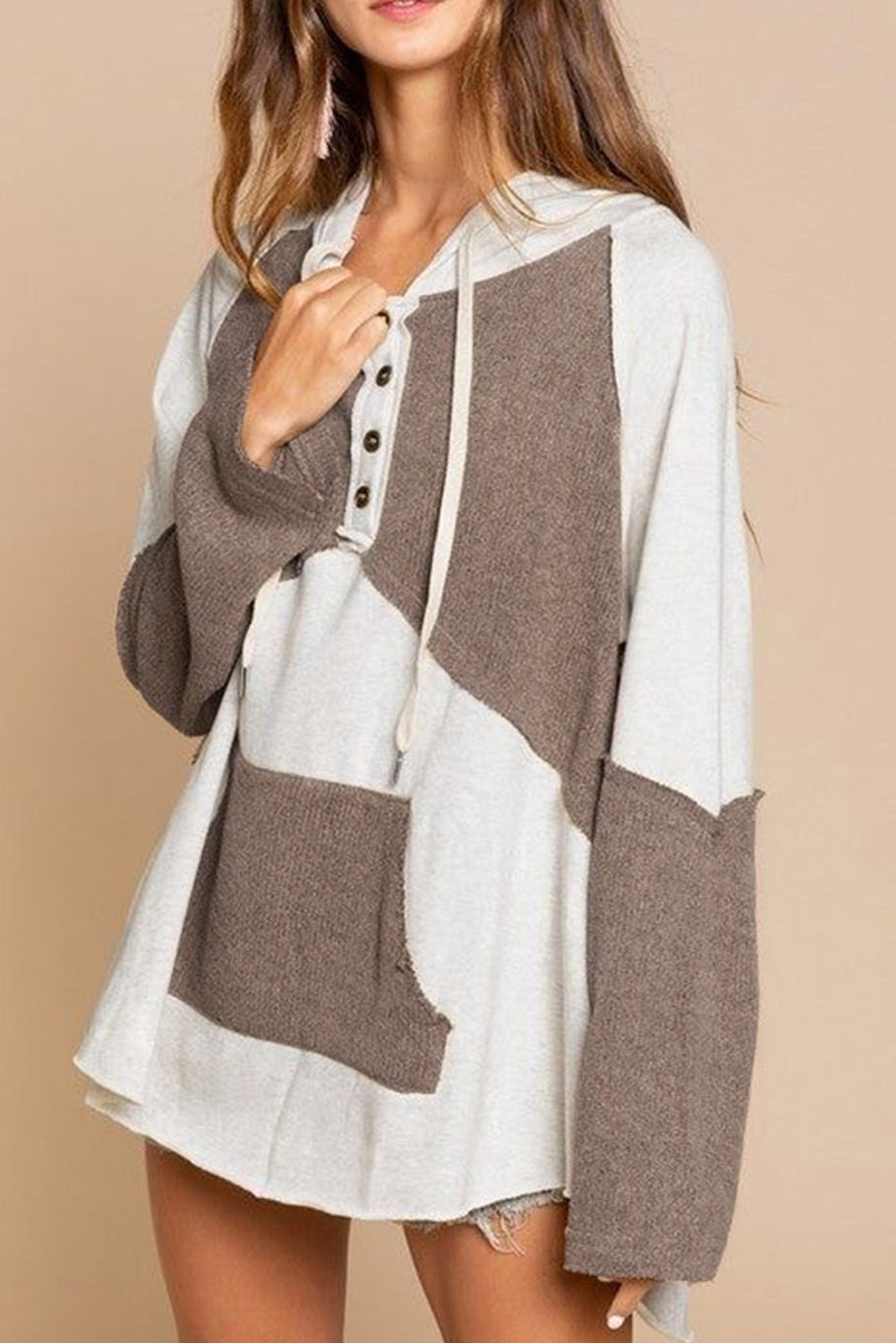 Colorblock Kangaroo Pocket Buttons Pullover Hoodie