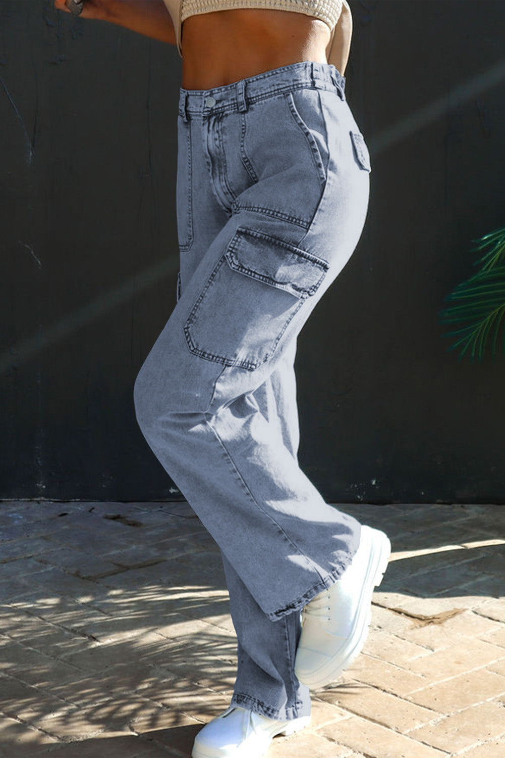 Blue High Waist Wide Leg Cargo Jeans