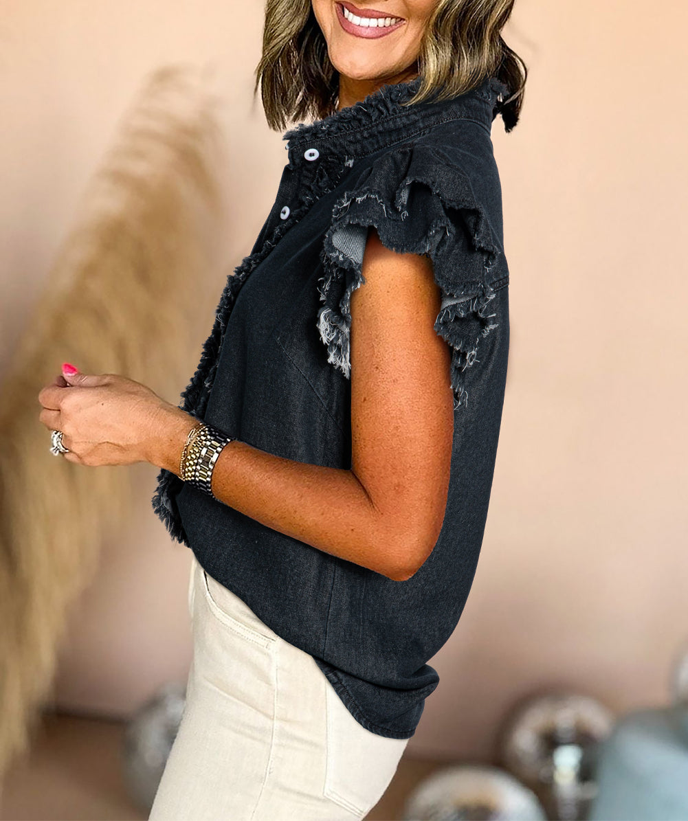 Button Front Ruffled Flutter Frayed Denim Top