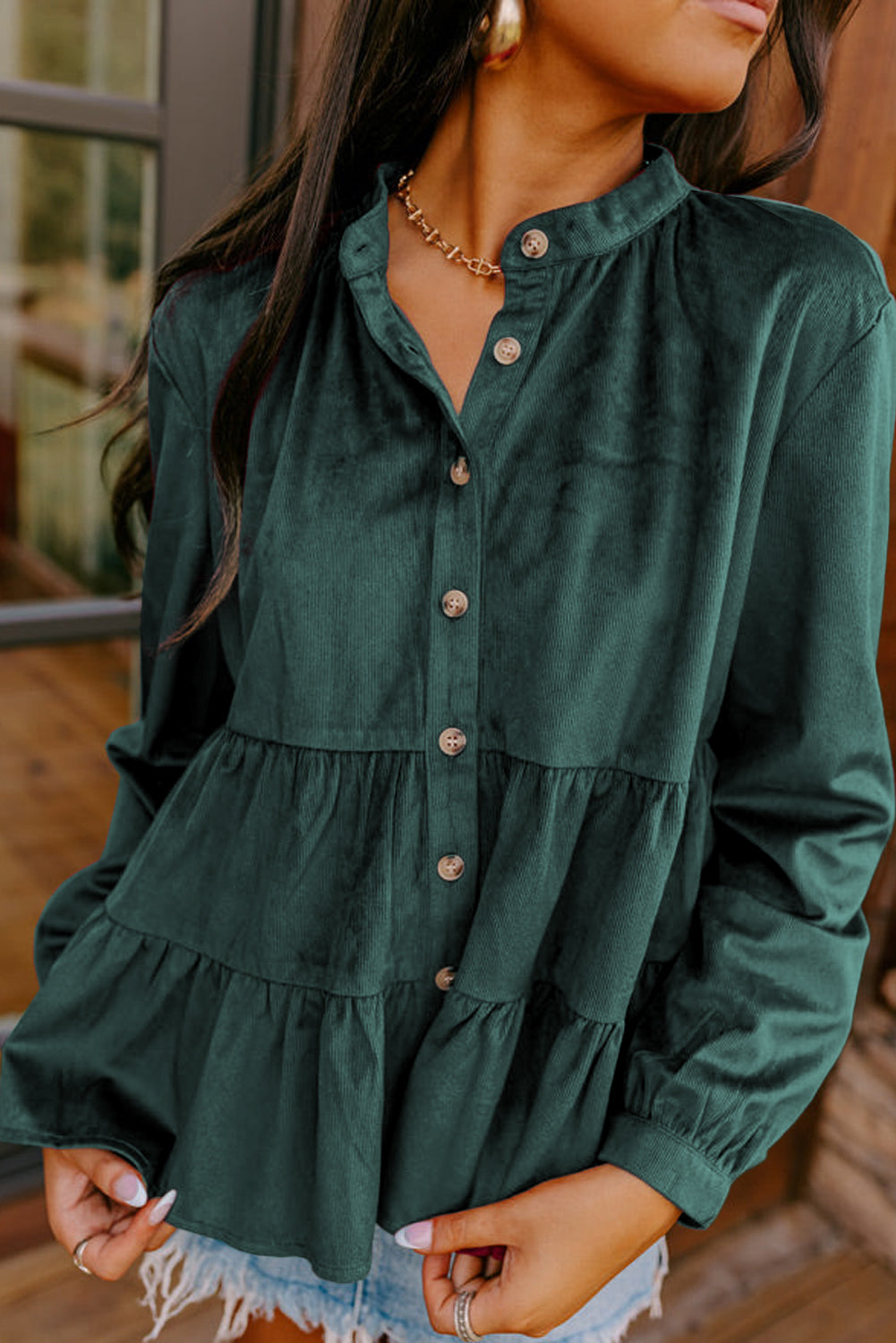 Corduroy Ruffle Tiered Buttoned O Neck Shirt