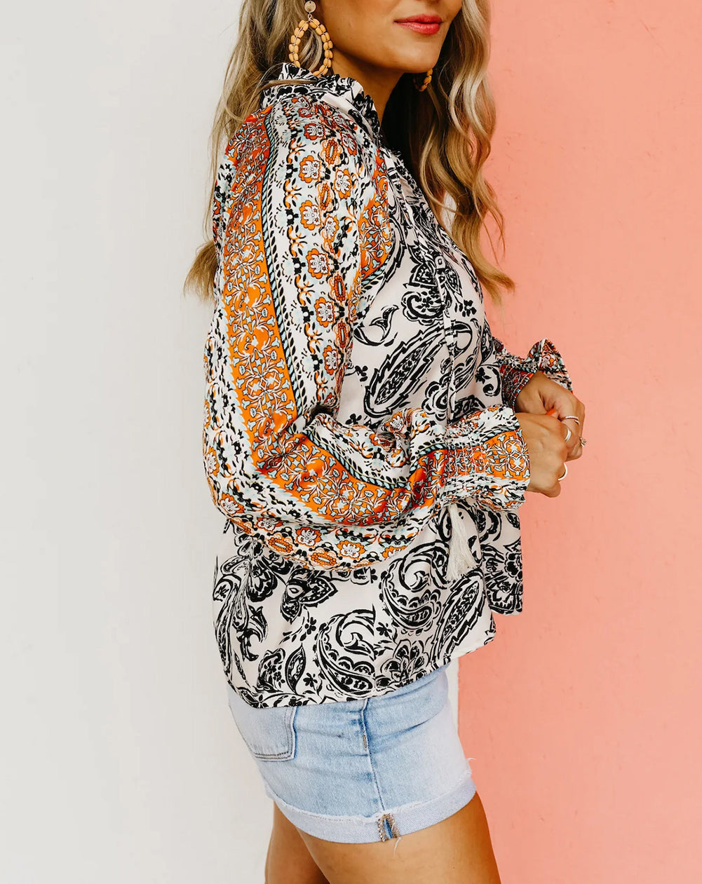 Abstract Print Flounce Sleeve Tasseled V Neck Blouse