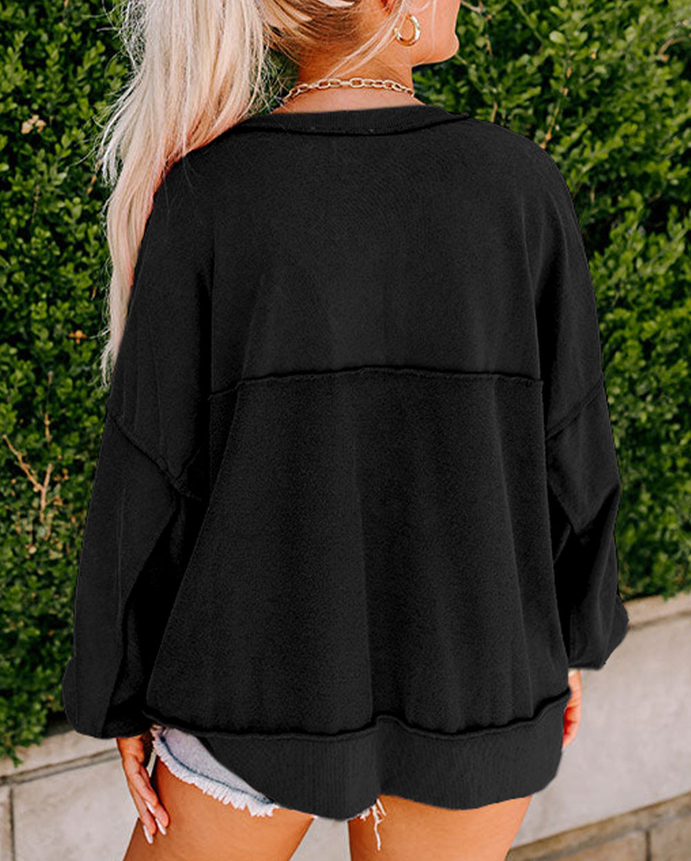 Drop Shoulder Henley Buttons Sweatshirt