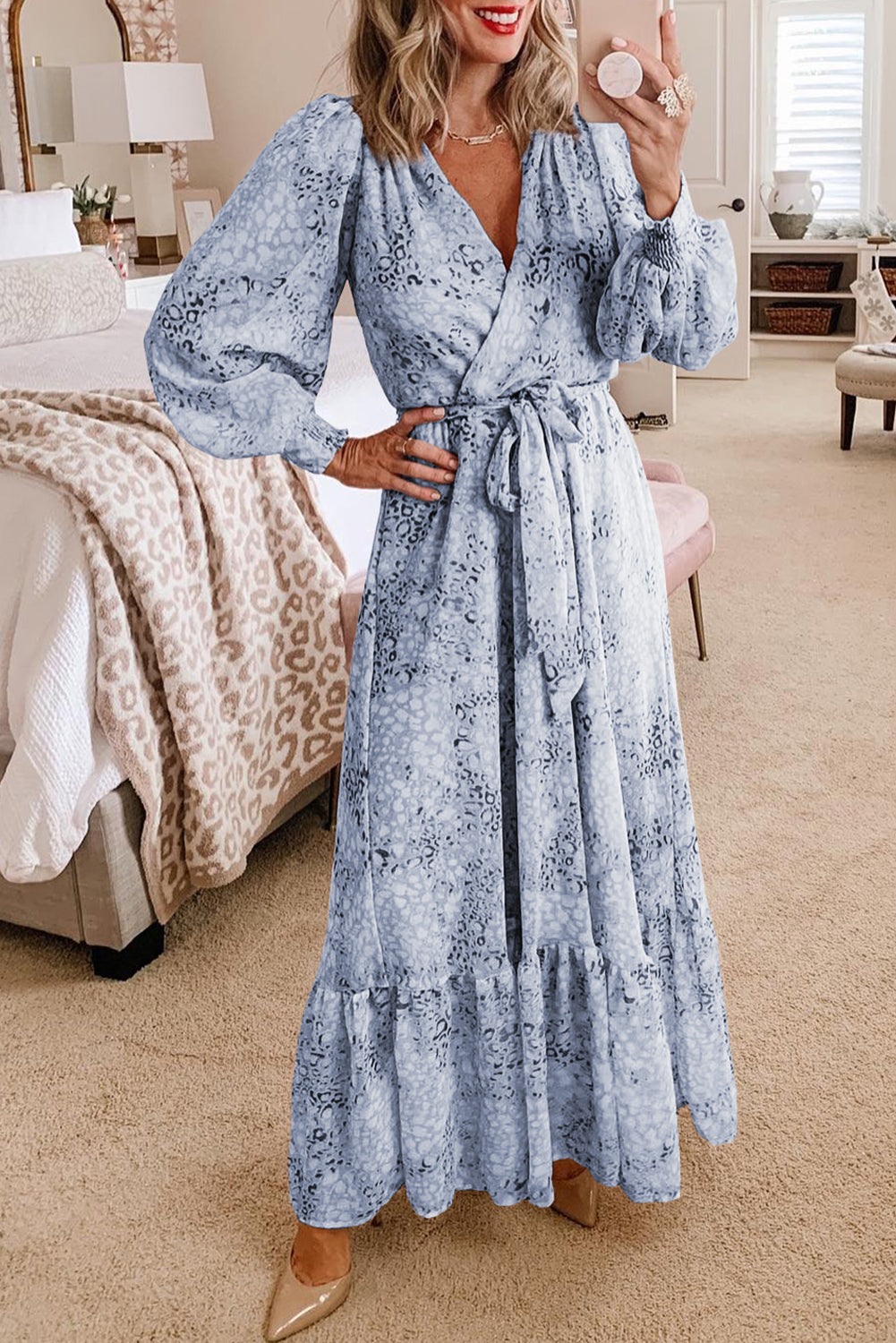 Surplice Neck Bubble Sleeve Maxi Dress with Sash