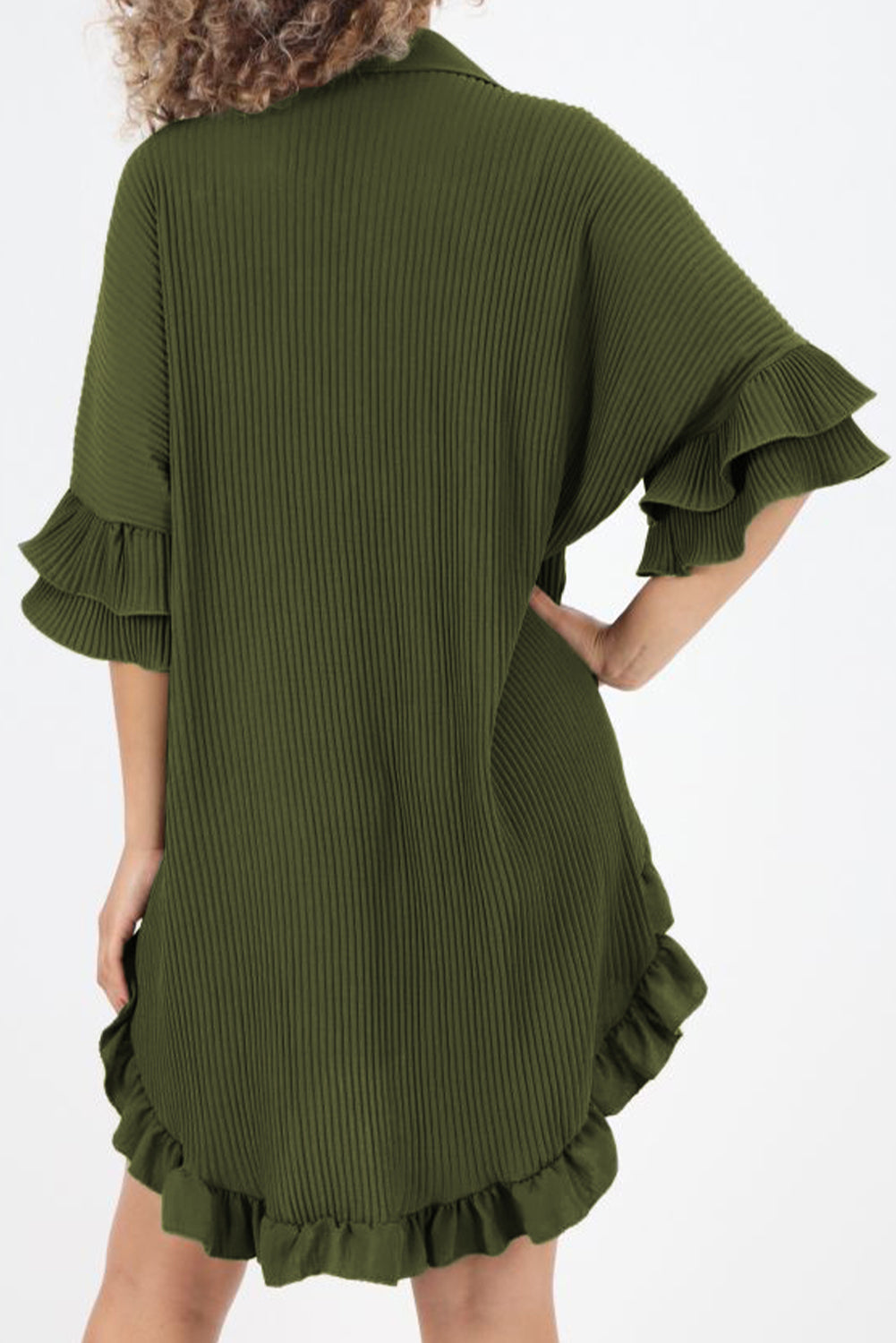 High-low Hem Ruffle Sleeve Pleated Shirt Dress