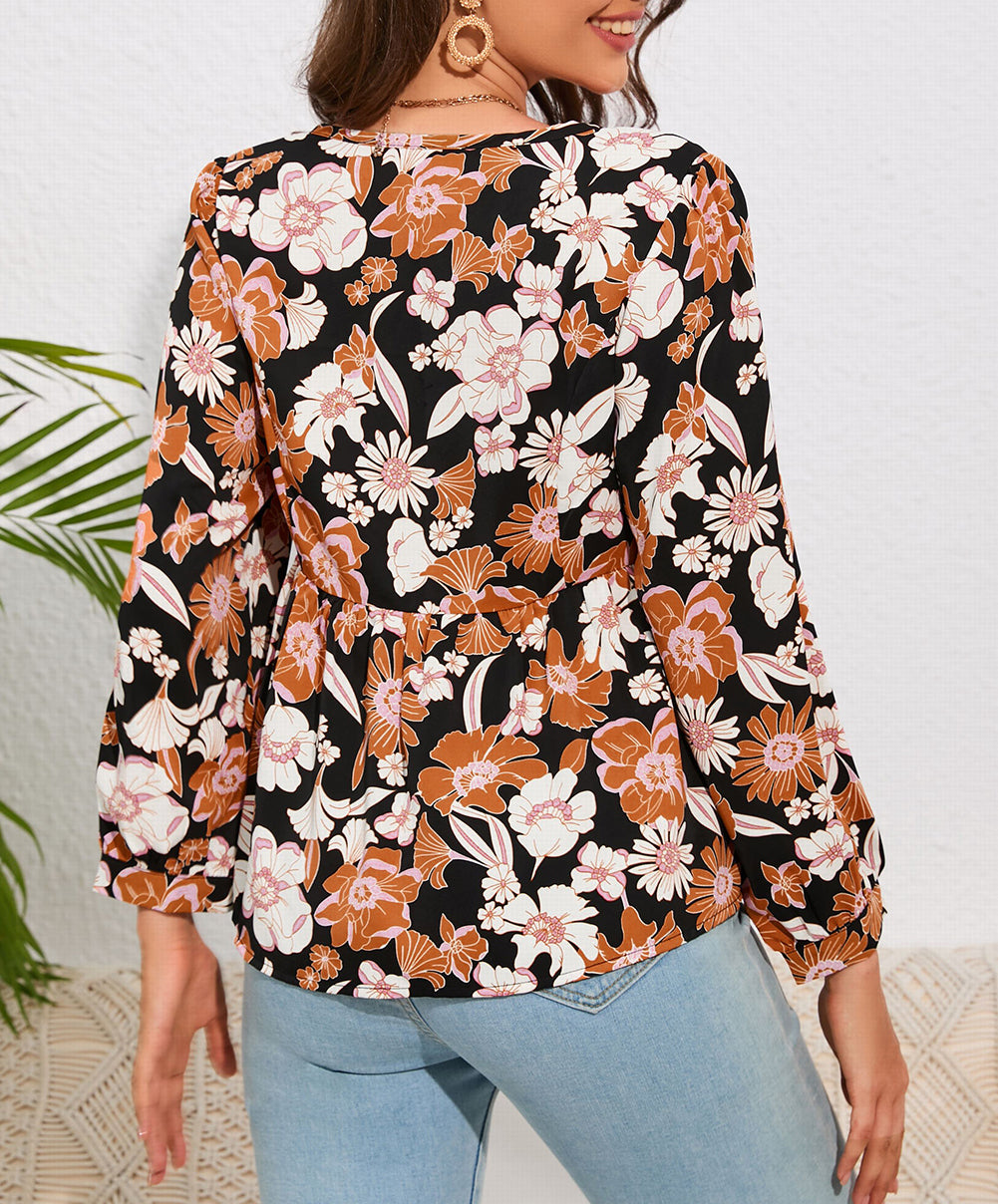 Floral Print 3/4 Sleeve Babydoll Blouse