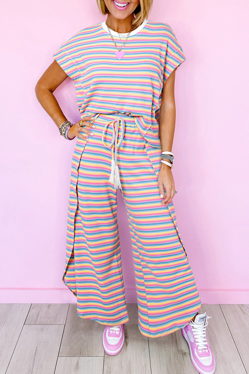 Stripe Rainbow Tee Tasseled String Wide Leg Pants Set