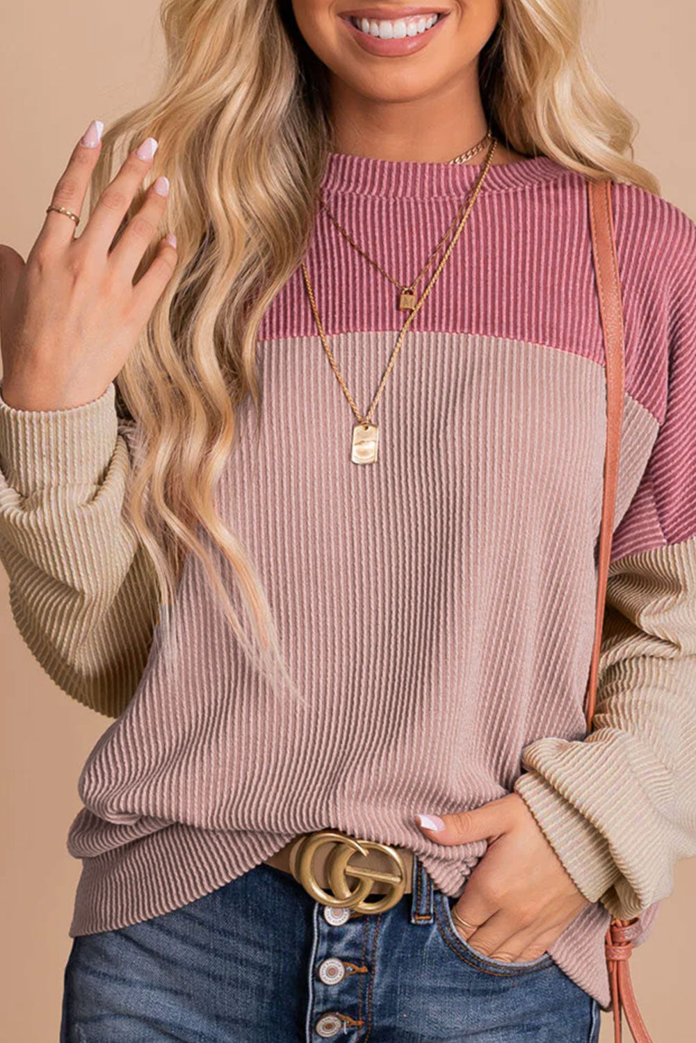 Color Block Long Sleeve Ribbed Loose Top