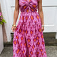 Retro Print Twisted Front Ruffled Sleeve Maxi Dress
