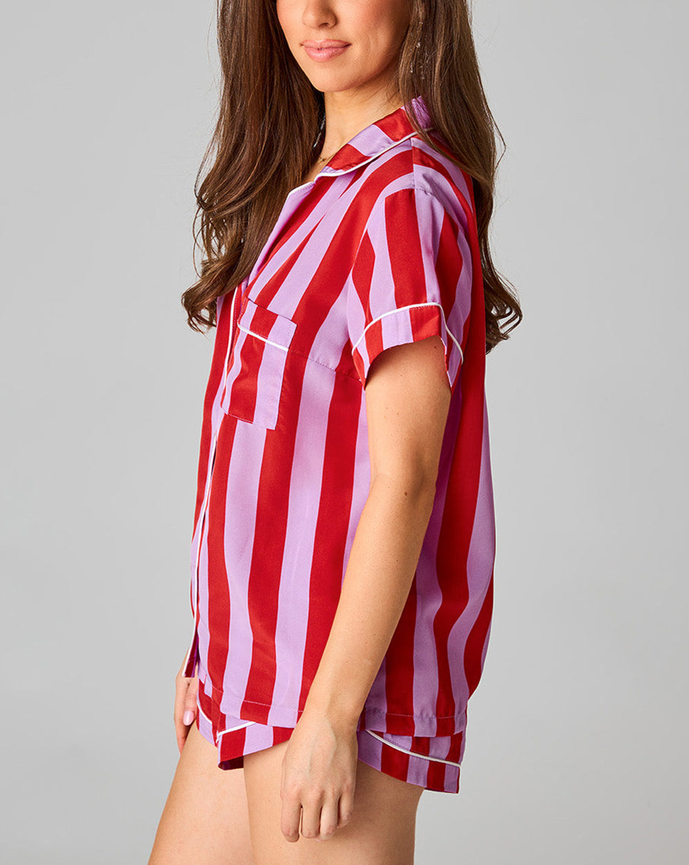 Red Color Block Striped Short Sleeve Pajamas Set