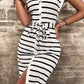 Striped Button Slit Tie V-Neck Midi Dress