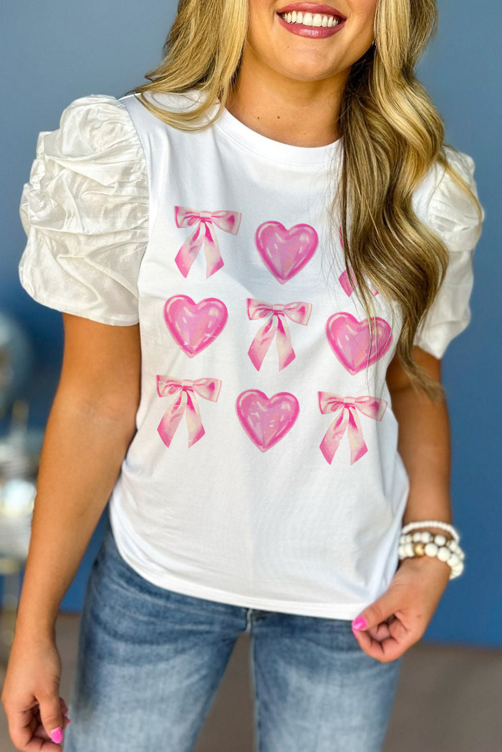 Heart and Bowknot Graphic Contrast Bubble Sleeve Tee