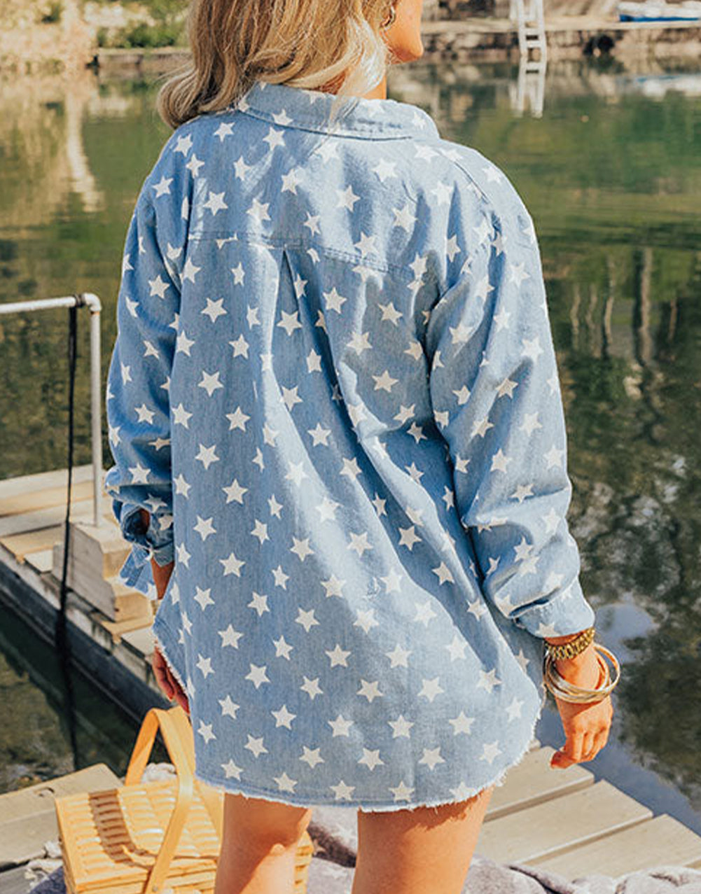 Star Print Light Wash Raw Hem Denim Jacket