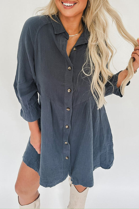3/4 Ruffled Sleeve Buttoned Crinkled Shirt Dress