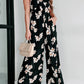 Black Tie Decor V Neck Floral Wide Leg Jumpsuit
