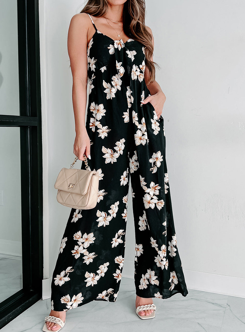 Black Tie Decor V Neck Floral Wide Leg Jumpsuit