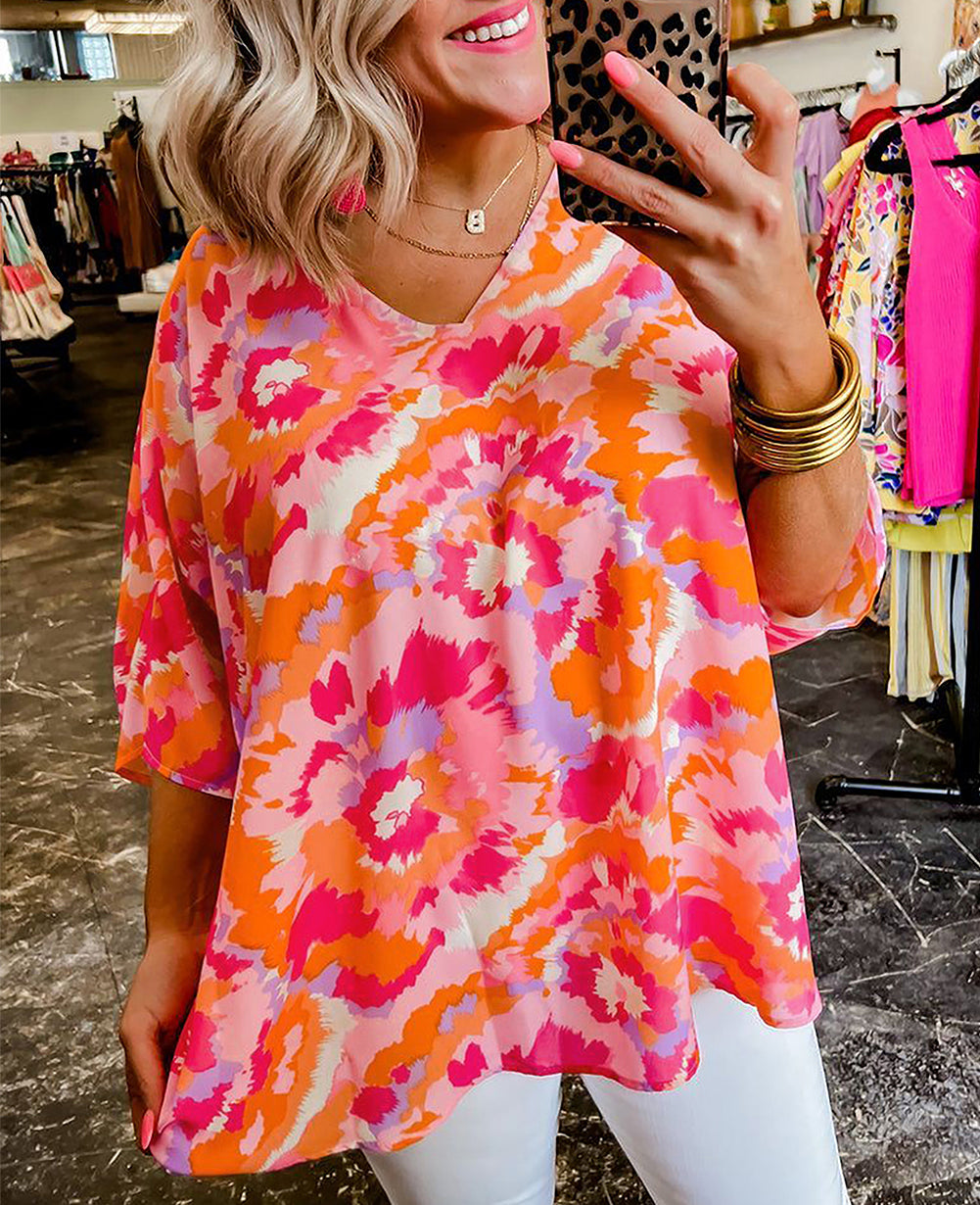 Abstract Print V Neck Summer Blouse