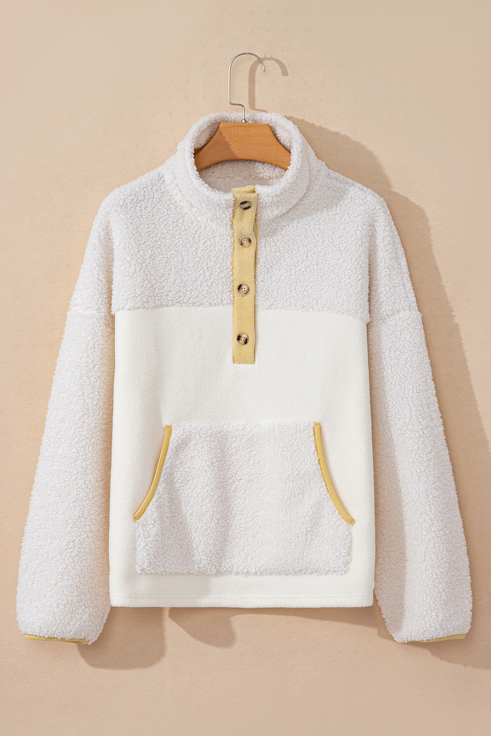 Fleece Colorblock Trim Buttons Collar Sweatshirt with Pocket