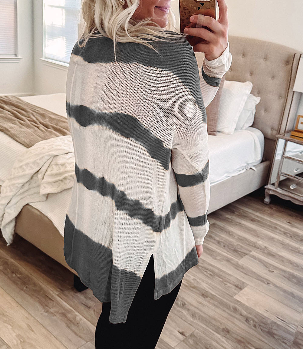 Tie Dye Striped Loose Knitted Long Sleeve Top with Slits