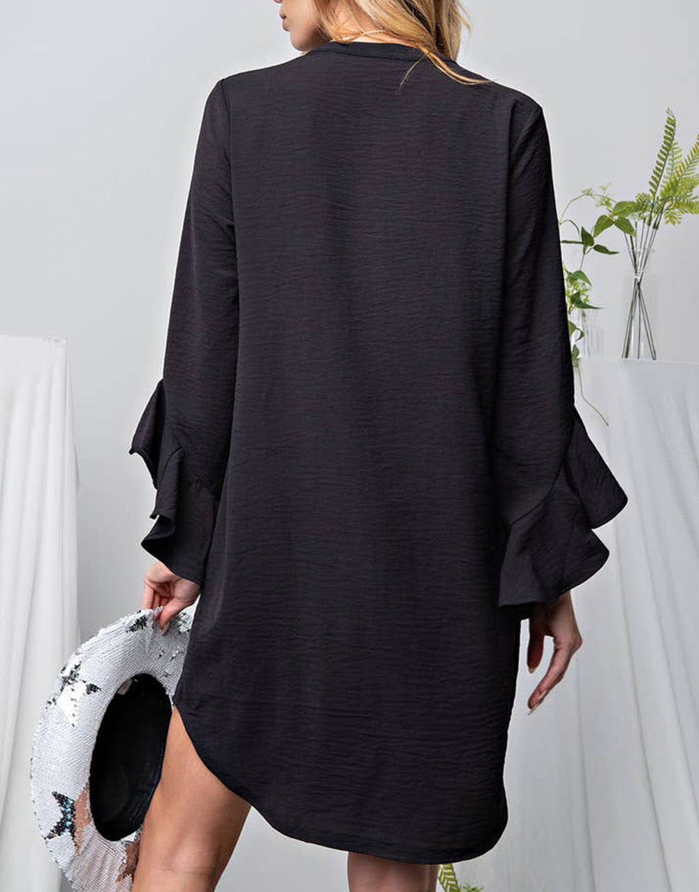 Solid Color Flounce Splicing Sleeve Mini Shift Dress