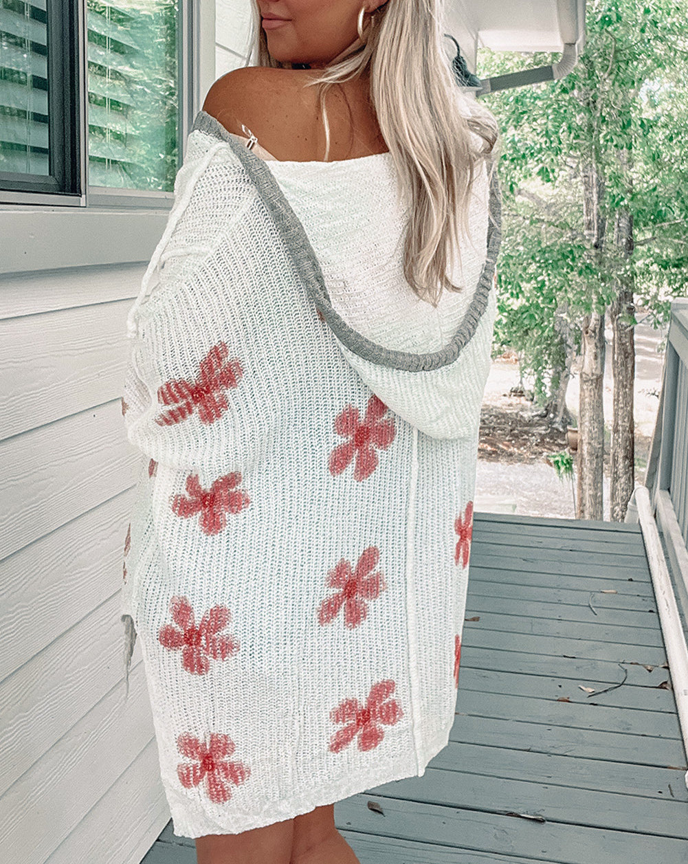 Floral Print Lightweight Knit Hooded Sweater