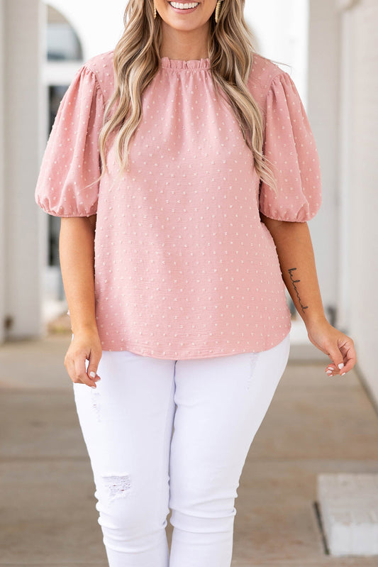 Pink Plus Size Swiss Dot Puff Sleeves Top