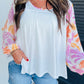 Tropical Leaf Printed Patchwork Sleeve Round Neck Top