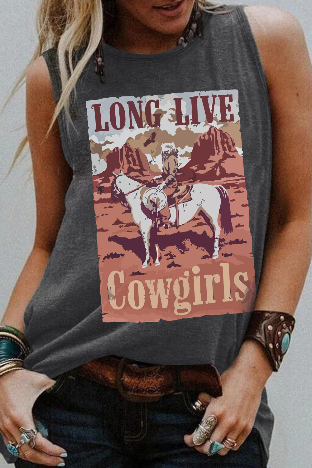 LONG LIVE Cowgirls Western Print Crew Neck Tank Top