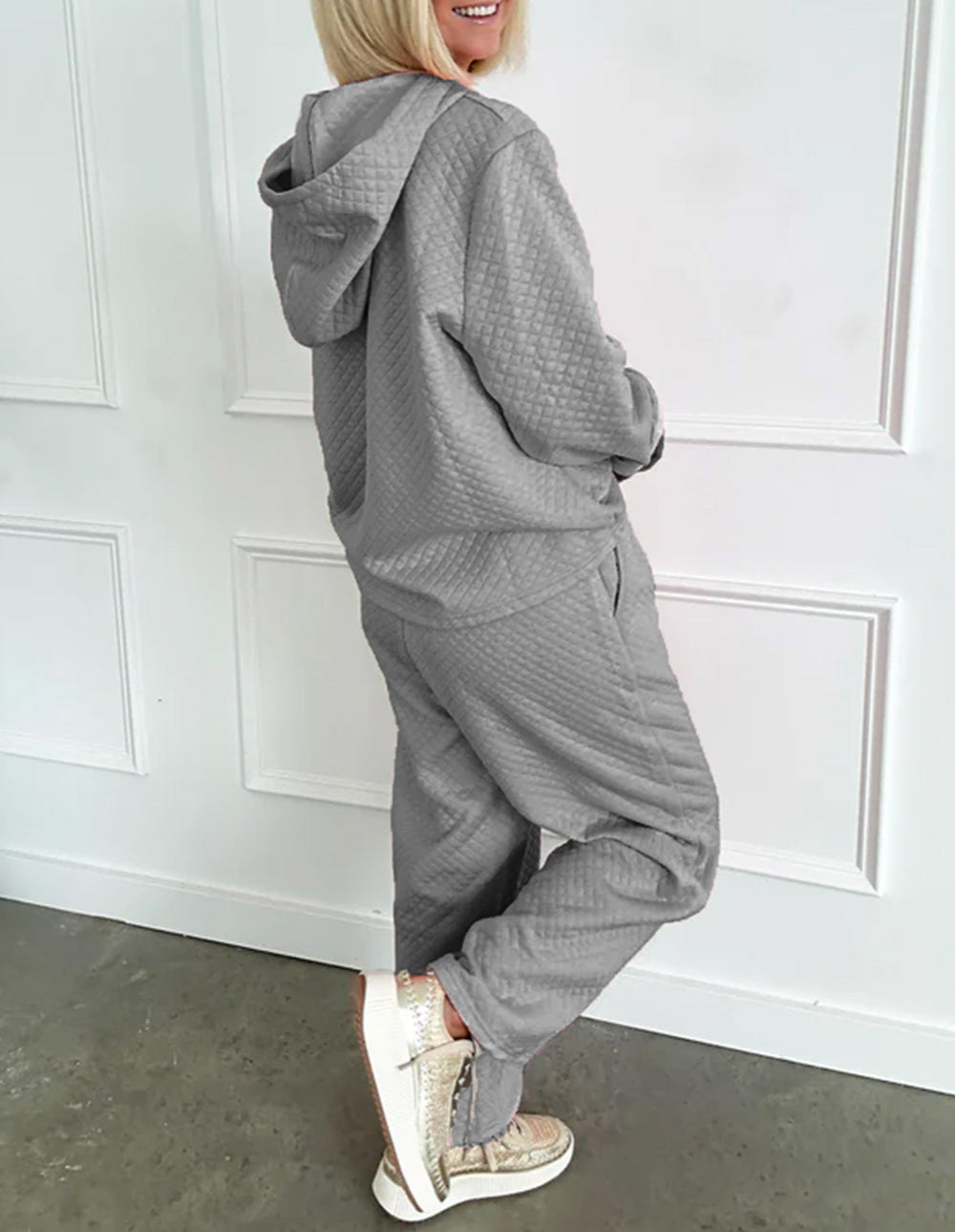 Solid Color Drawstring Hoodie and Wide Leg Pants Set