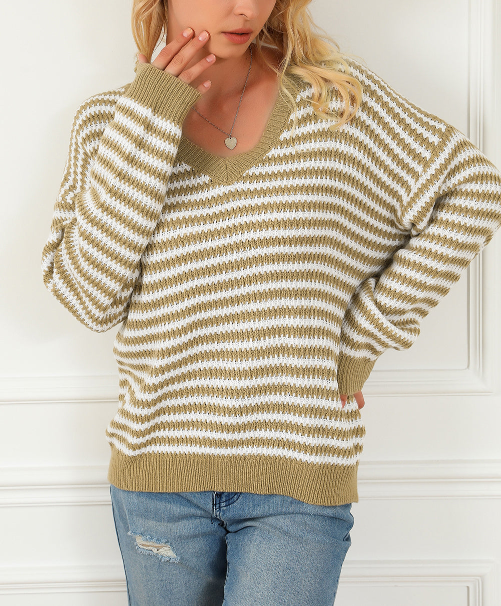 Chic Striped Knit V Neck Drop Shoulder Sweater
