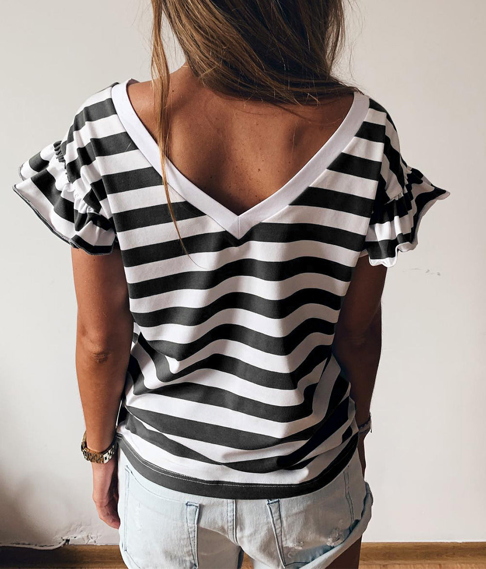Striped V Neck Ruffle Sleeve Top