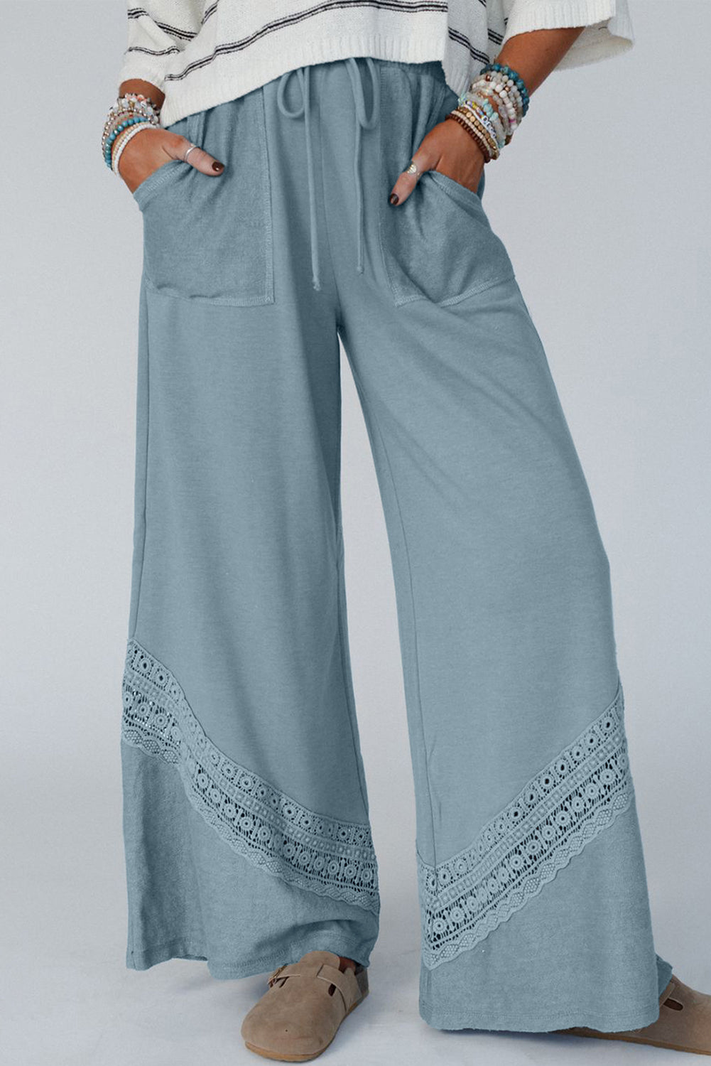 Lace Crochet Patched Lace-up High Waist Wide Leg Pants