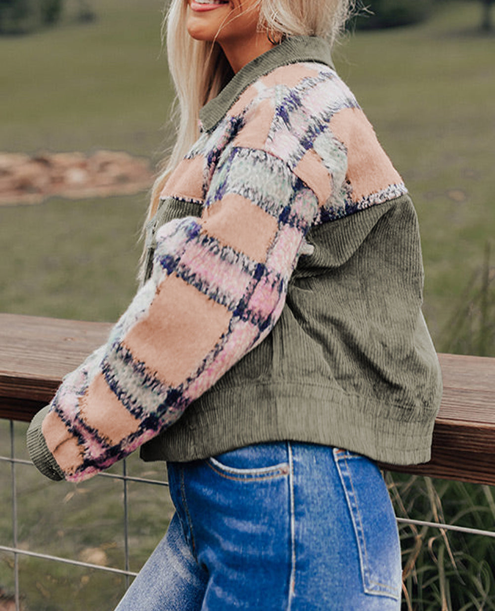 Plaid Corduroy Flap Pockets Boxy Chunky Jacket