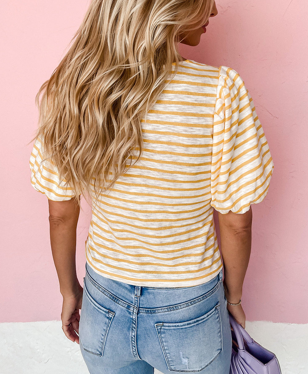 Stripe Square Neck Bubble Sleeve Top