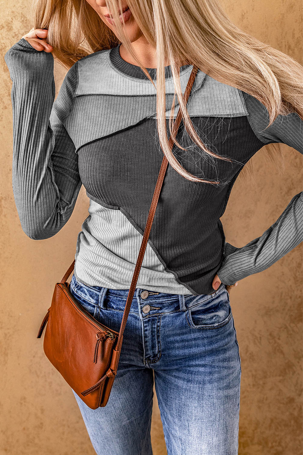 Expose Seam Color Block Ribbed Knit Top