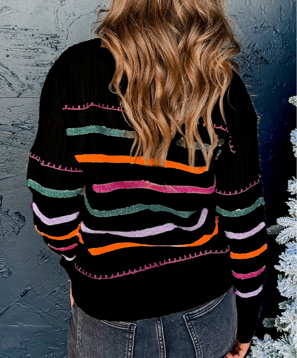 Colorful Striped Ribbed Trim Sweater