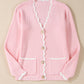 Ribbed Knit Scalloped Edge Side Pockets Buttoned Cardigan