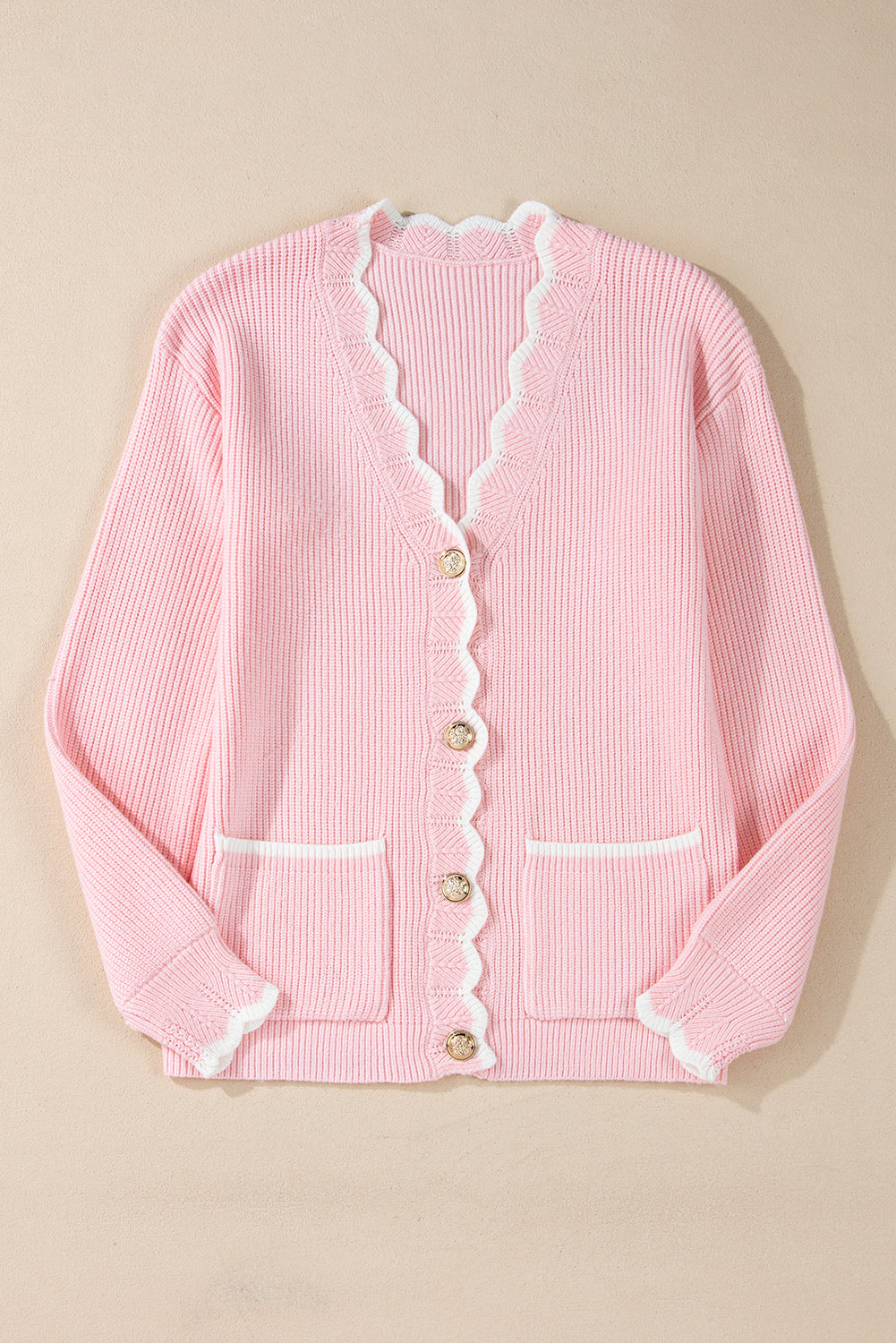 Ribbed Knit Scalloped Edge Side Pockets Buttoned Cardigan