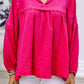 Crinkle Collared V-Neck Bubble Sleeve Flowy Blouse