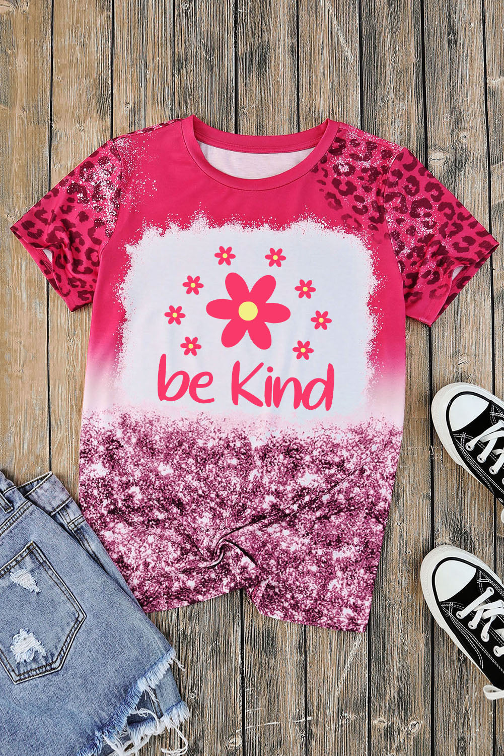 Pink Bleached be kind Flower Print Leopard Short Sleeve T-Shirt