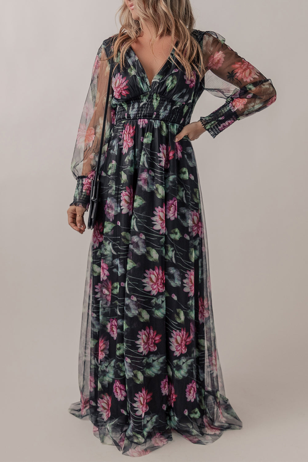 Mesh Sheer Shirred High Waist Floral Maxi Dress