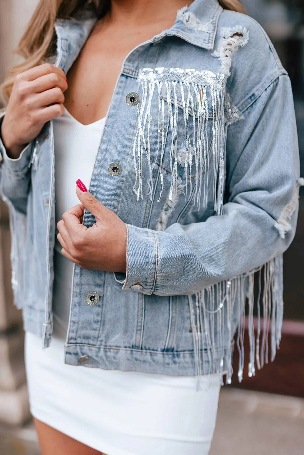 Sequin Embellished Fringe Distressed Denim Jacket