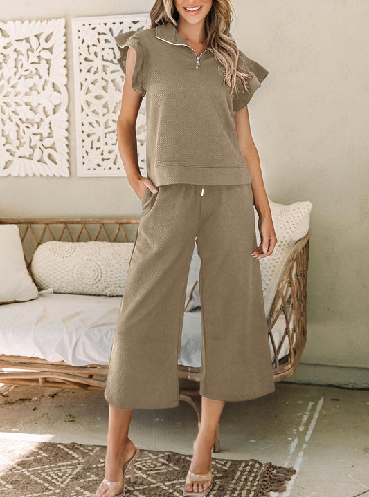 Textured Flutter Sleeve Top Wide Leg Pants Set
